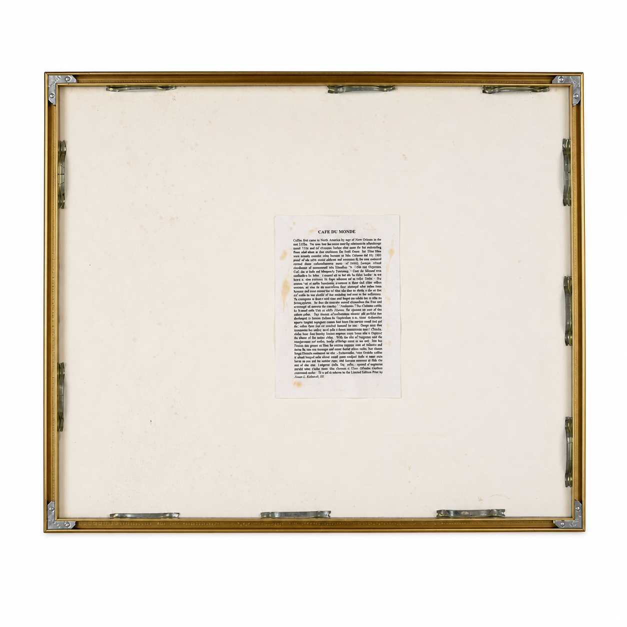 Reverse inspection view of the framed Café du Monde artist proof with its historical information sheet