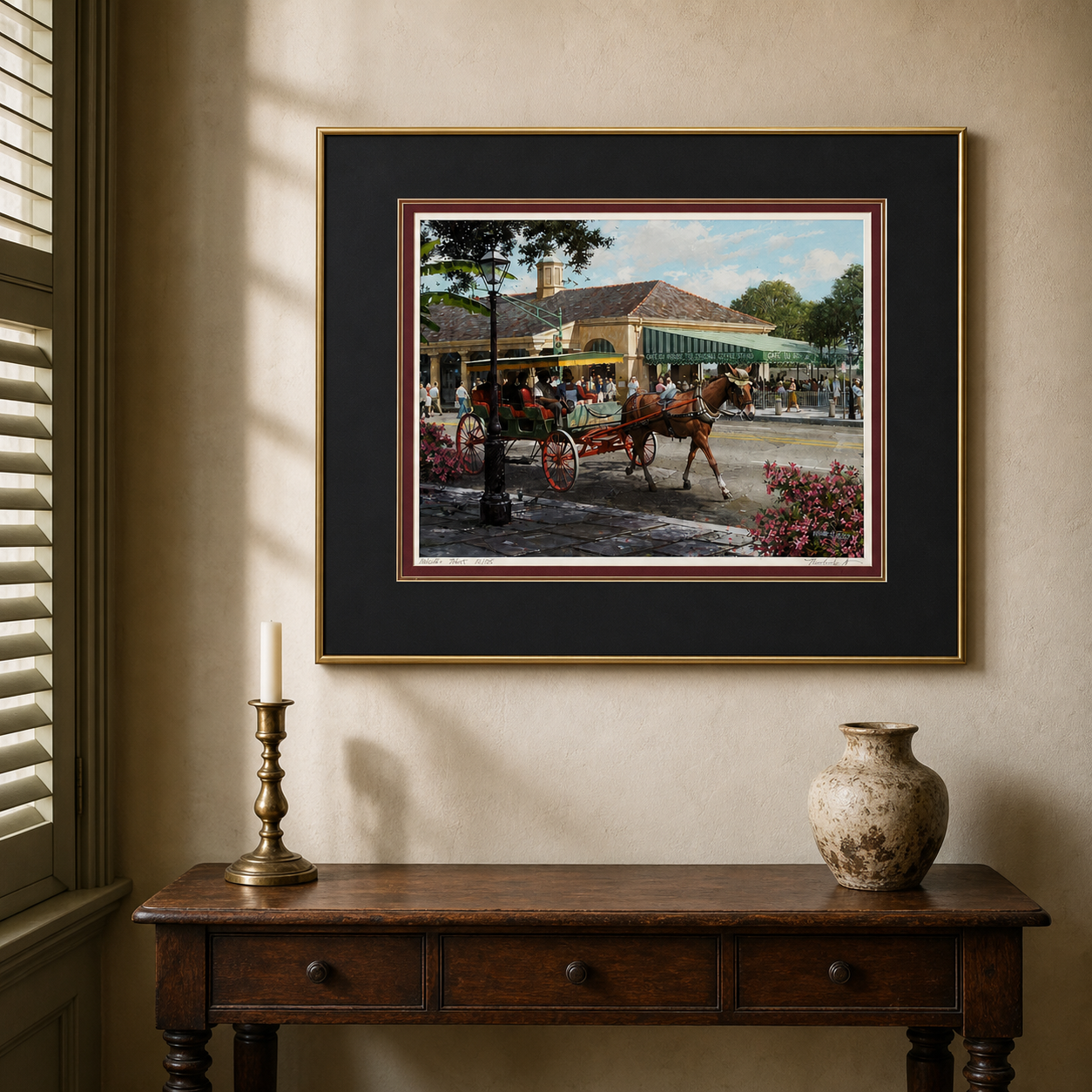 Framed Café du Monde artist proof styled above an antique console in a refined New Orleans inspired interior