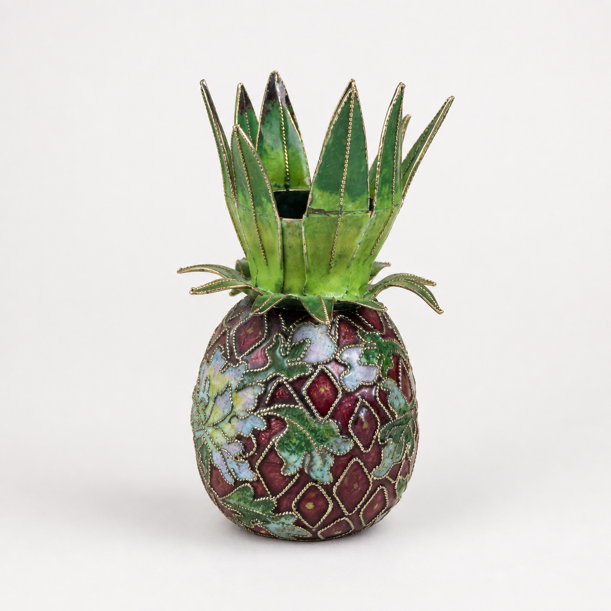 Front inspection view of miniature cloisonné pineapple vessel