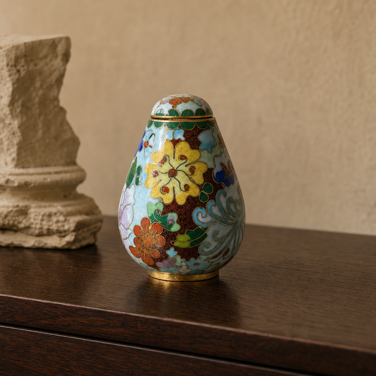 Miniature floral cloisonné covered vase styled on dark walnut