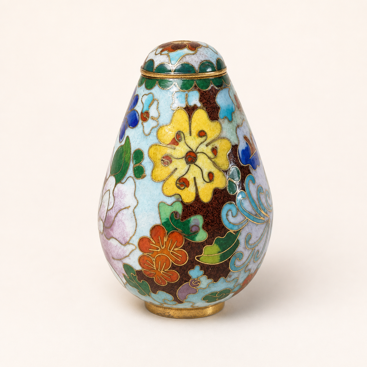 Front inspection view of miniature floral cloisonné covered vase