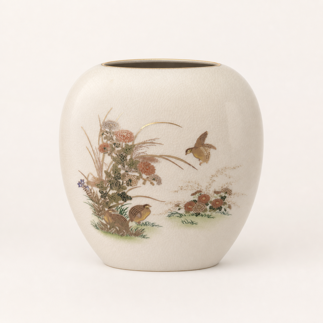 Japanese crackle glaze bird and floral vessel, front inspection view on white