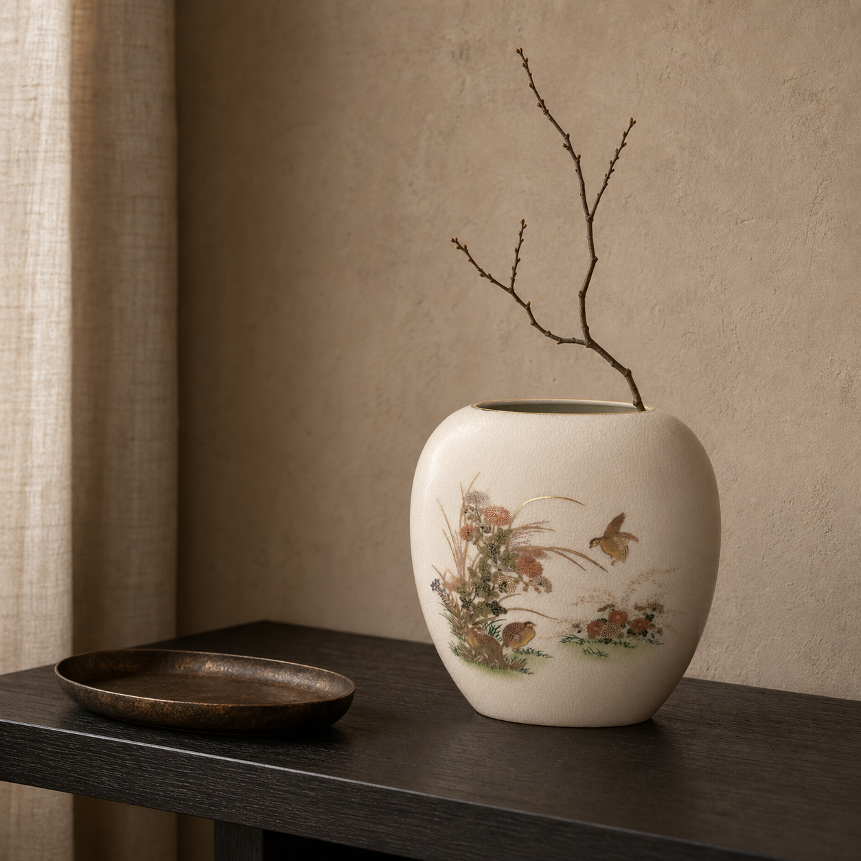 Japanese crackle glaze bird and floral vessel styled on an ebonized console