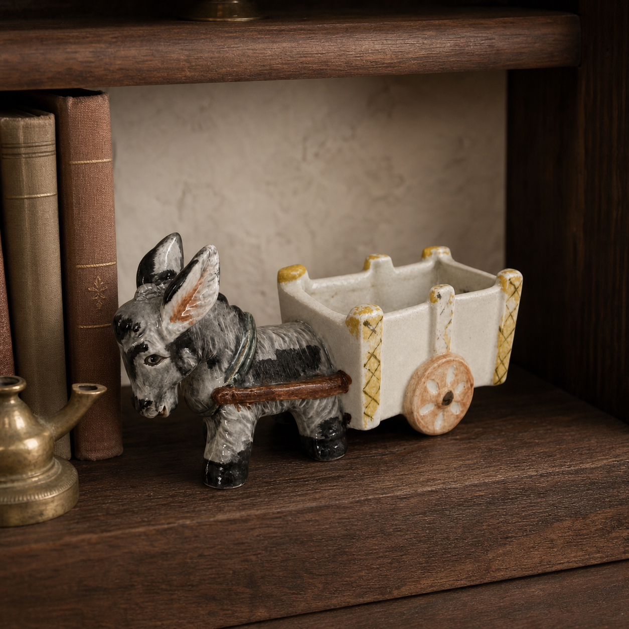 Vintage Japanese ceramic donkey cart planter styled on a dark walnut bookshelf
