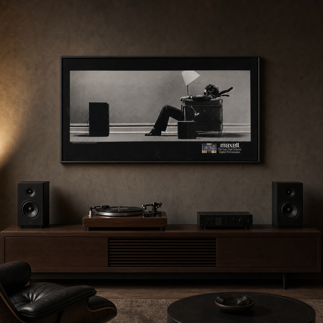 Vintage Maxell advertising display styled in a moody modern listening room
