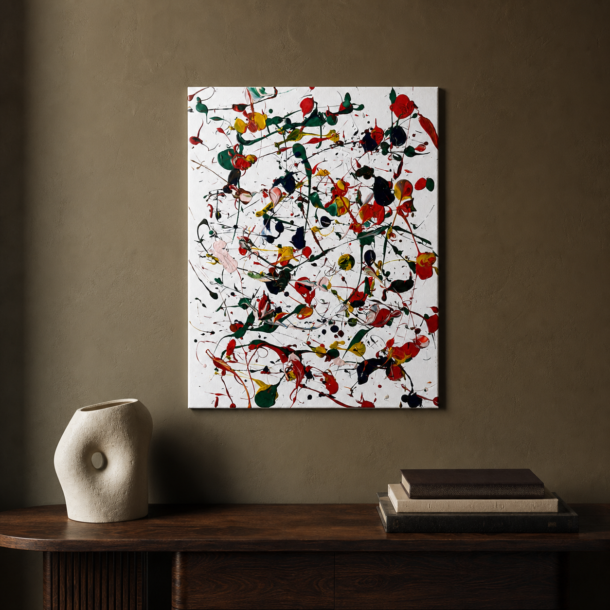 Untitled impasto drip painting styled above a walnut console on a tobacco wall