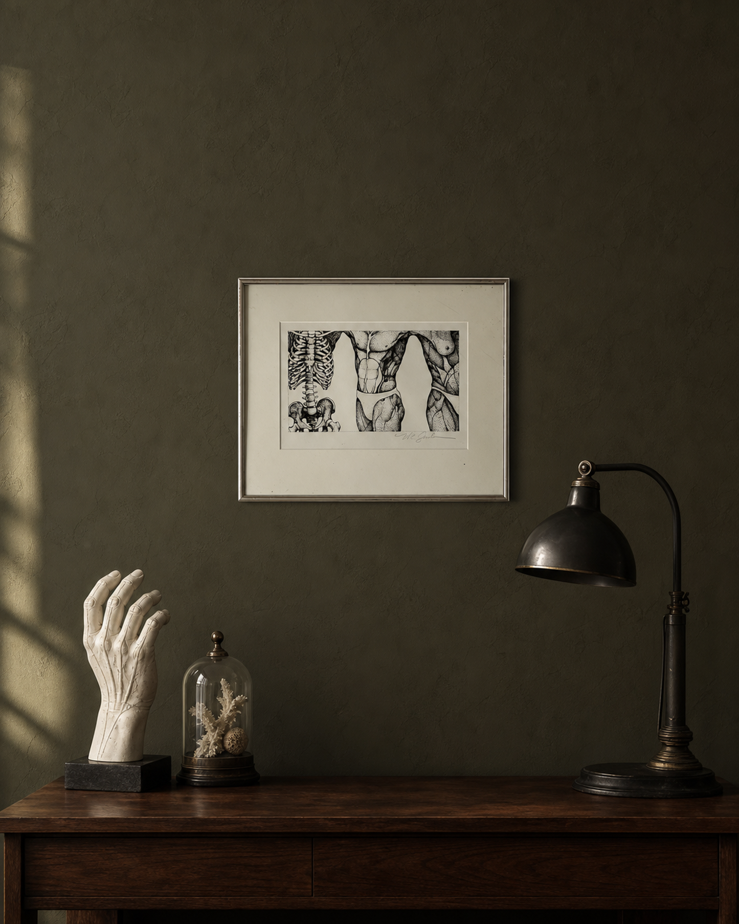 Signed anatomical figure study displayed in a refined cabinet of curiosities interior