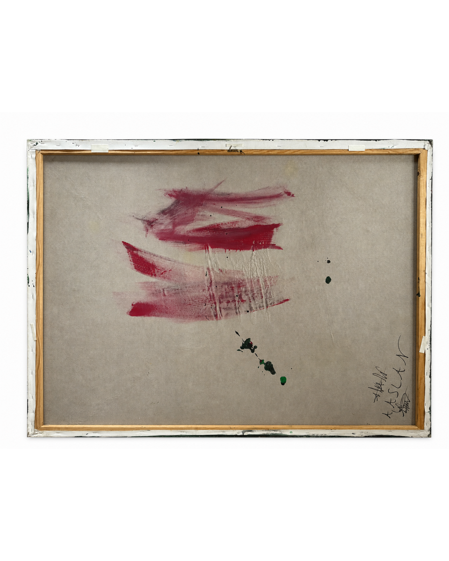 Reverse view of the stretched canvas with wood stretcher bars and visible working marks