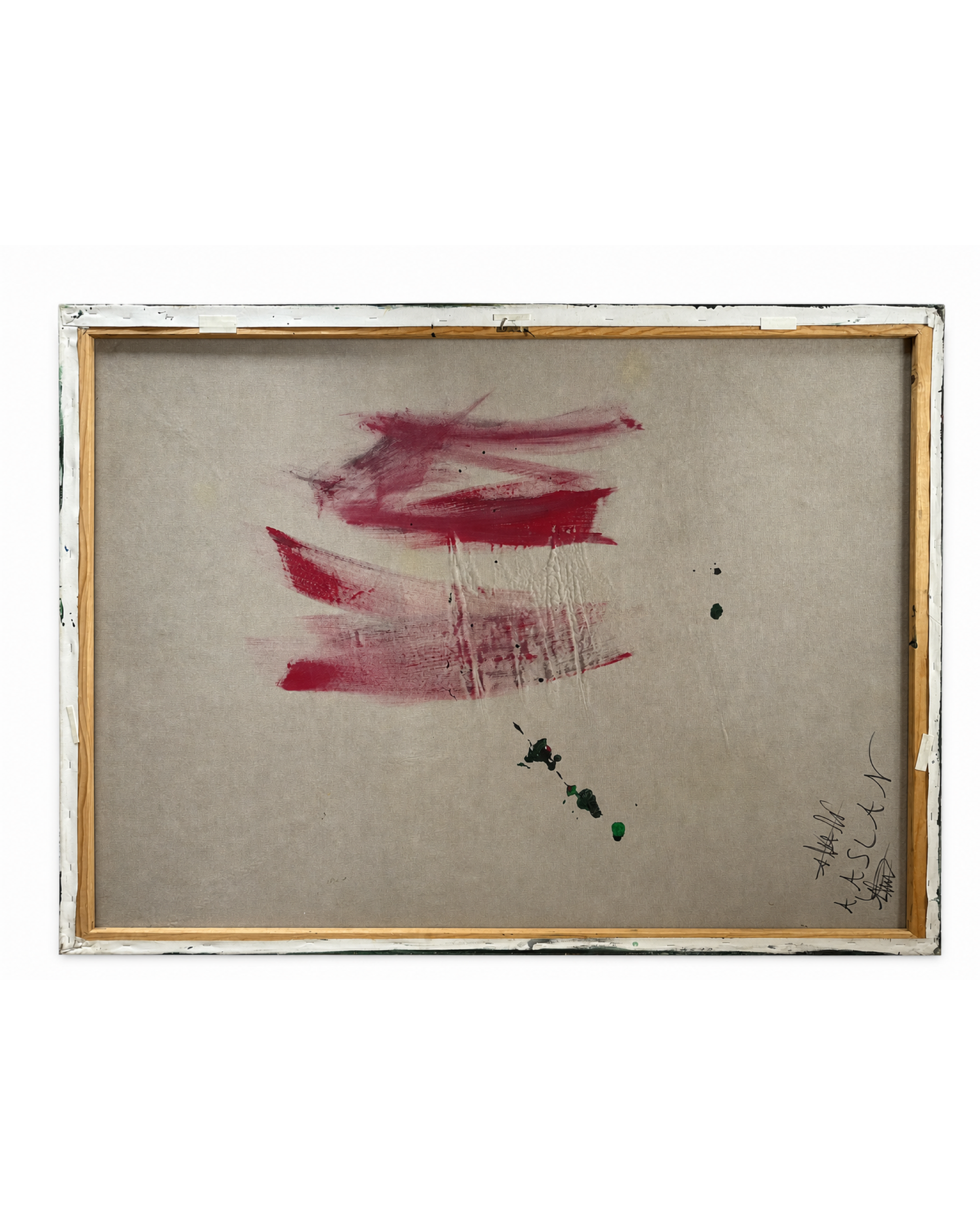 Reverse view of the stretched canvas with wood stretcher bars and visible working marks