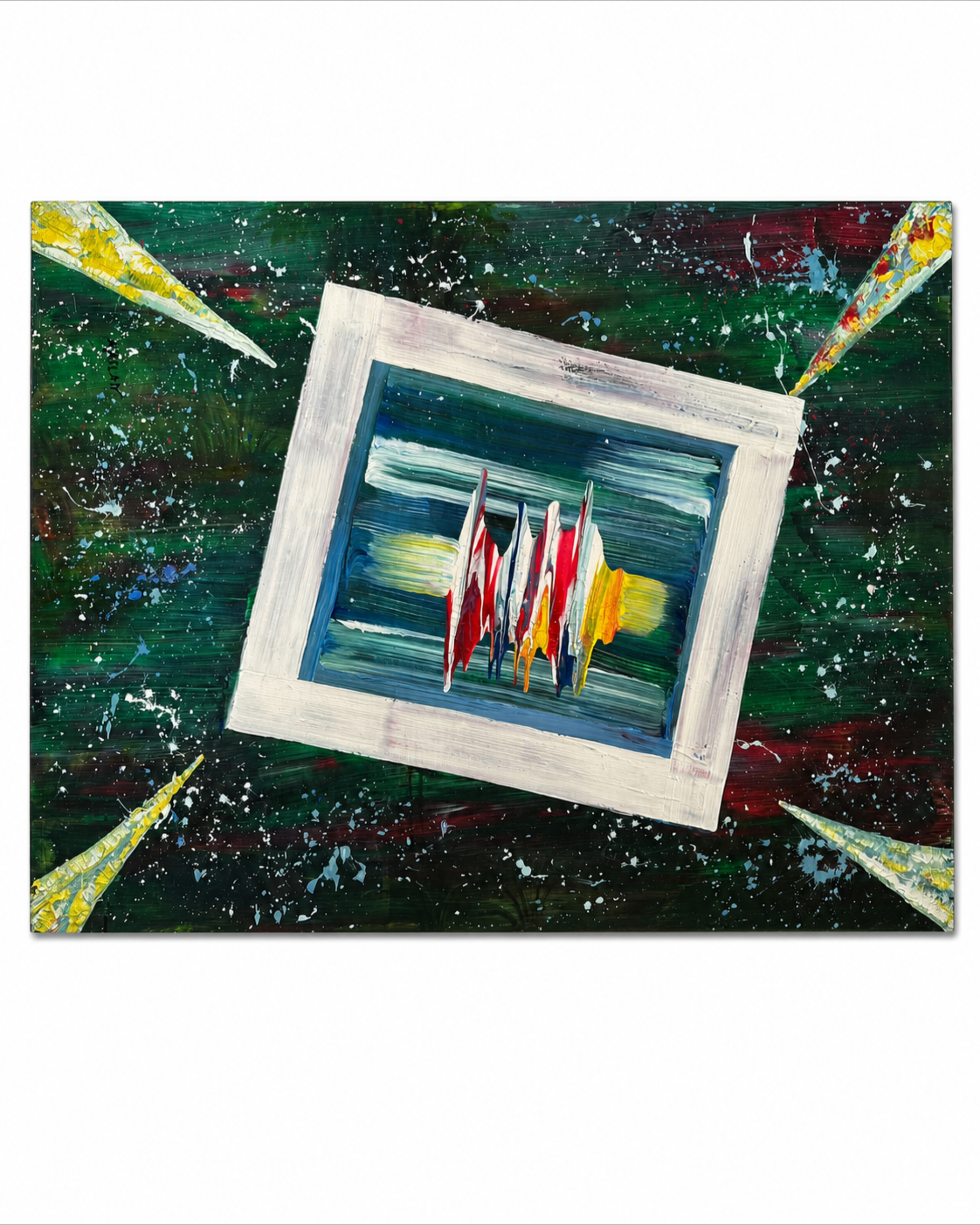 Front view of a textured abstract painting in emerald, oxblood, white, blue, yellow, and red