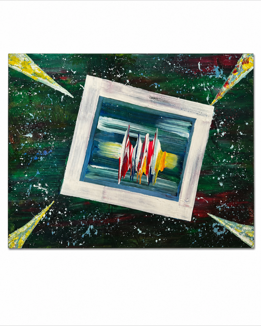 Front view of a textured abstract painting in emerald, oxblood, white, blue, yellow, and red
