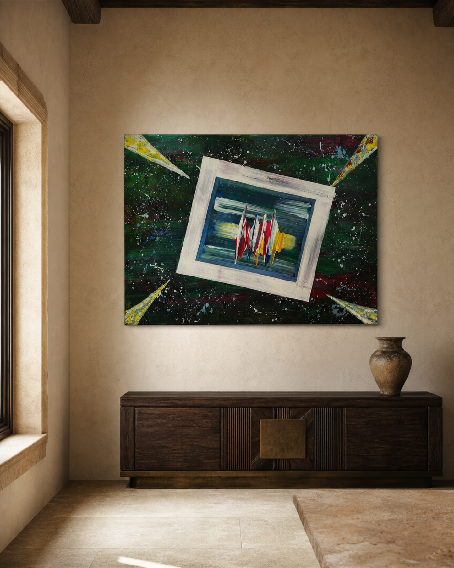 Styled visualization of the abstract painting in a warm plaster and dark wood interior